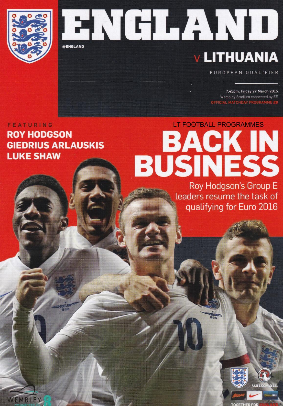 2015 - ENGLAND v LITHUANIA - £5.00 : LT Football Programmes, programmes ...